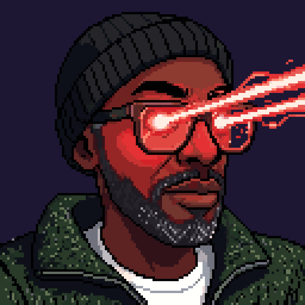 Portrait pixel art de Gilles Cadignan, yeux laser